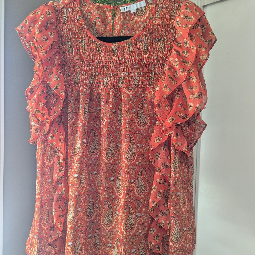 DR2 Women's Floral Paisley Ruffle Top - Orange